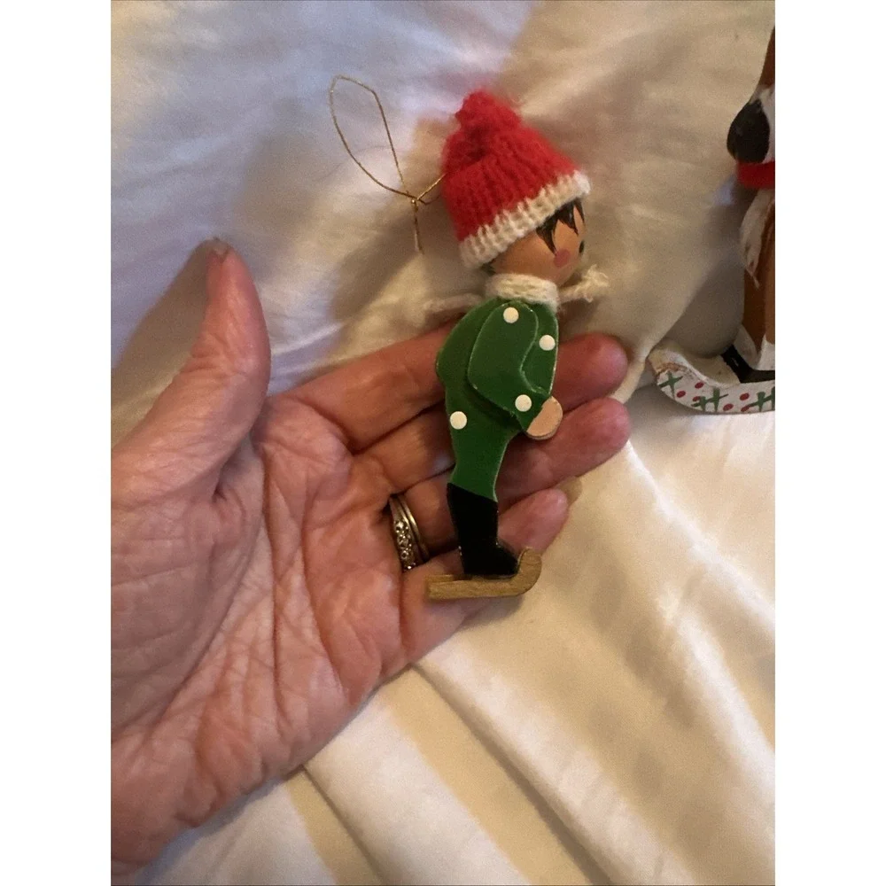 Vintage Kurt Adler Santa's Reindeer Dasher & SkierChristmas Ornament Wooden 1977